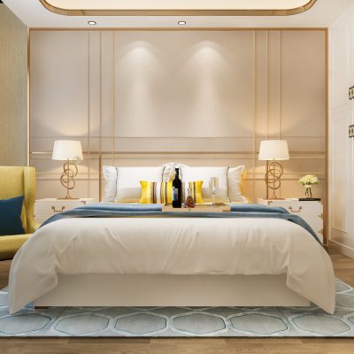 3d rendering beautiful luxury yellow bedroom suite in hotel with tv and couch